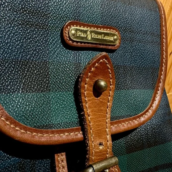 Vintage Polo Ralph Lauren BlueGreen Plaid Leather-Trimming